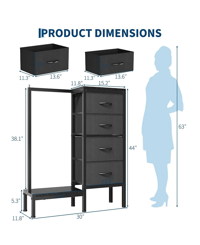 homfan Heavy Duty 4-Drawer Fabric Dresser with Hanging Rail - Multi-Functional Storage Organizer Shelf Metal Frame, Anti-Tip Safety