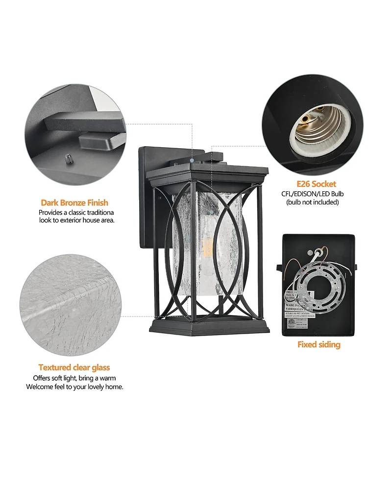 Midola 14"(H) 1-pack Outdoor Wall Lantern with Crackled Glass, Weather-Resistant Exterior Light Fixture for Porch, Patio, and Entryway
