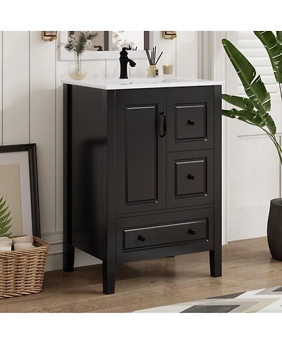 Thirtypeachy 24" Vintage Freestanding Vanity With Ceramic Sink, Painted Mdf Cabinet, 1 Soft-Close Door 3 Drawers