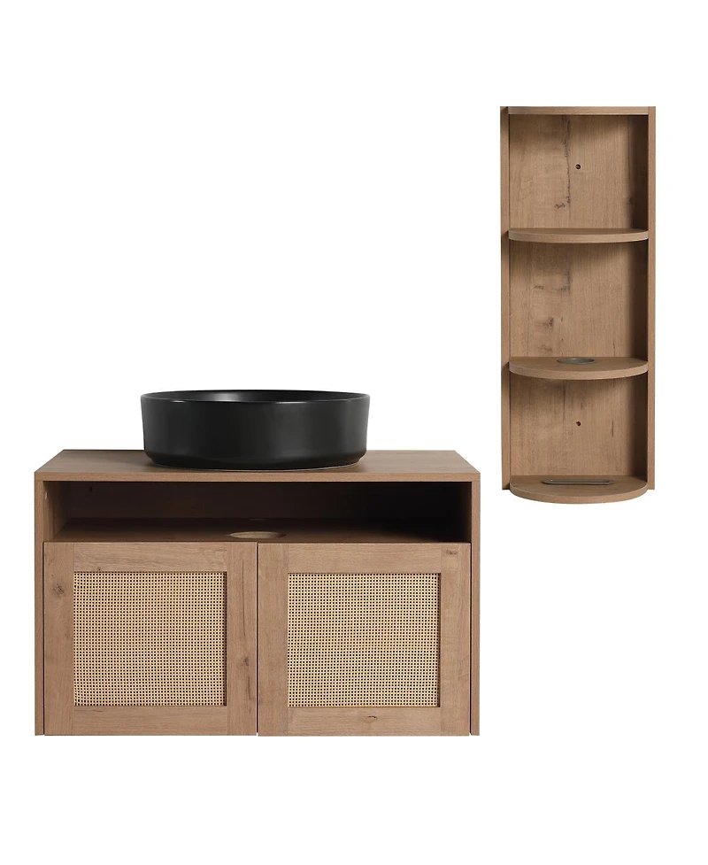 Sillysis Wall Mounted Modern Bathroom Vanity Set, Vessel Ceramic Sink, Storage Rack with Open Shelves