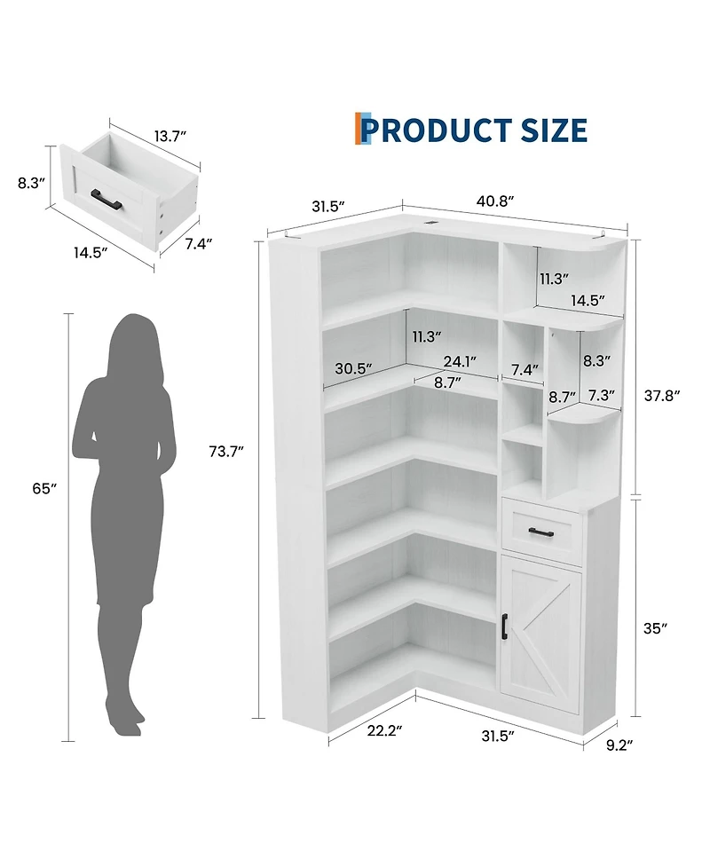 homfan 74 Inch Tall Corner 6-Tier Book Shelf with Drawer and Cabinets, l-Shaped Bookcase Open Storage Shelves Modern Display Shelf for Home, Office
