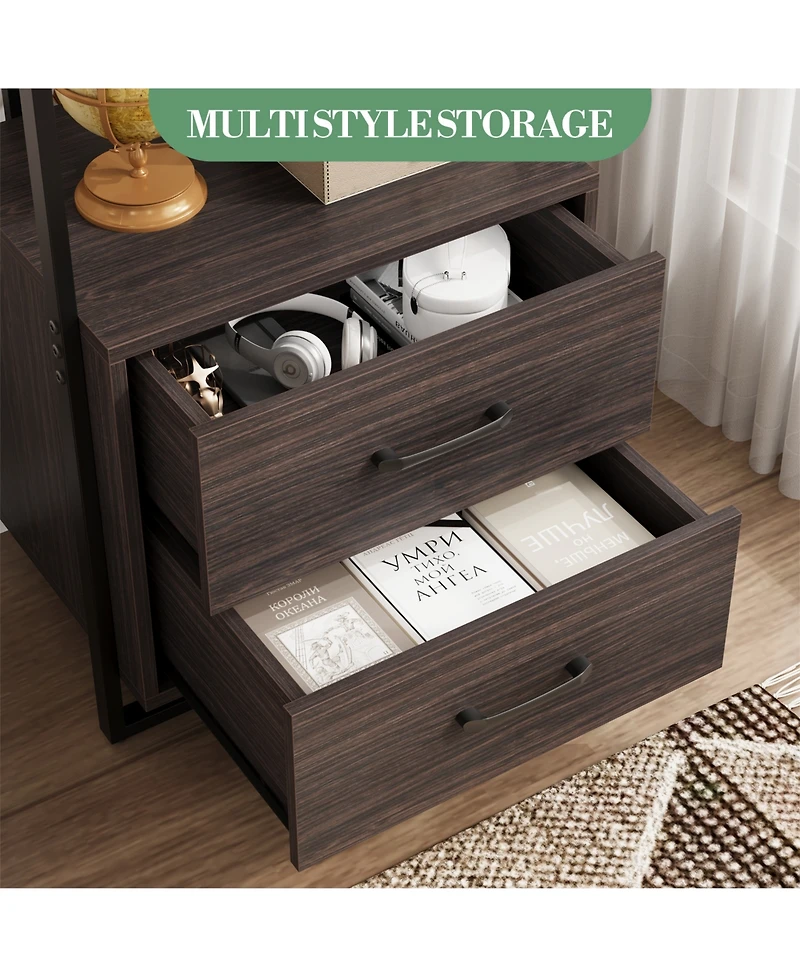 homfan Industrial Steel-Wood Storage Bookcase, Multi-Shelf Cabinet with Hidden Drawers and Anti-Tip Device, Easy Assembly Home Office Organizer