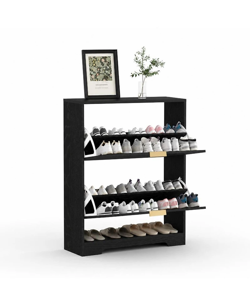 homfan Fluted Shoe Cabinet for Entryway with 2 Flip Drawers, Narrow Shoe Rack with Open Storage and Adjustable Shelf, 29.9"W x 9.4"D x 40"H