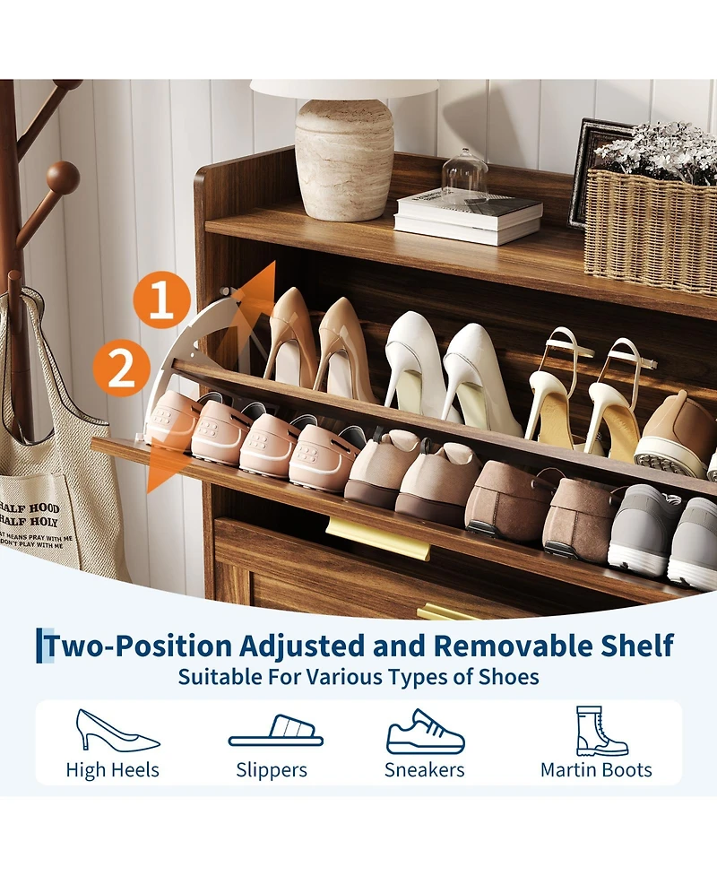 homfan Narrow Shoe Cabinet for Entryway with 2 Flip Drawers, Adjustable Shelves, Dustproof Back Panel