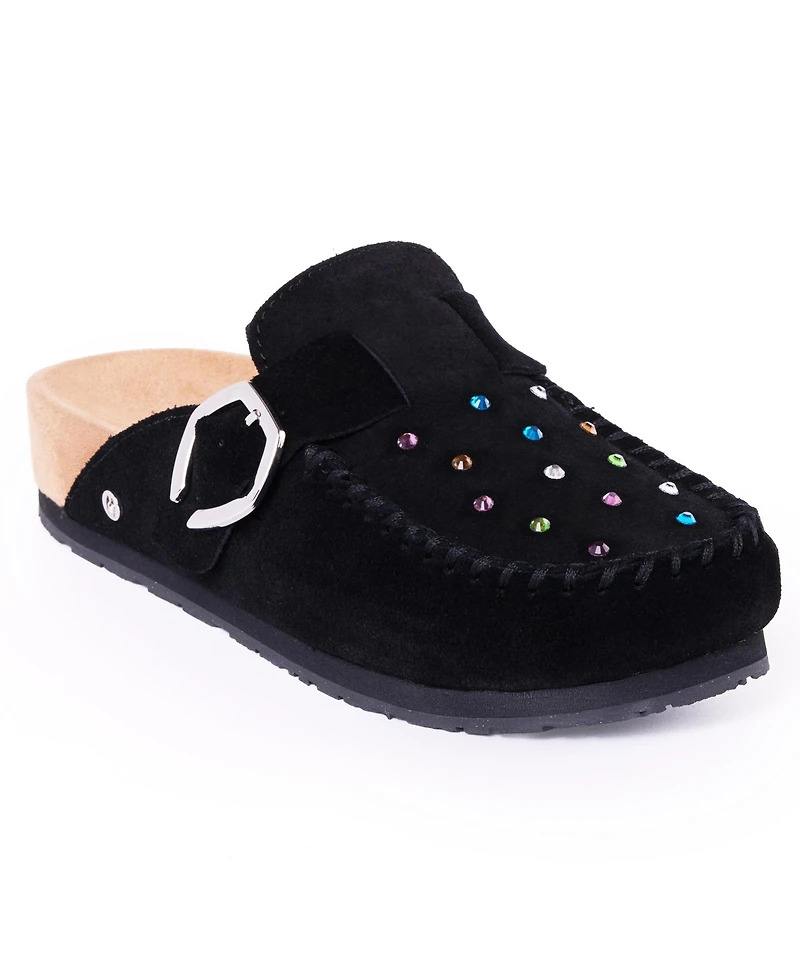 Minnetonka Women's Rhinestone Suede Adjustable Buckle Clogs