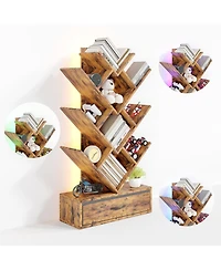 Gaomon Tree Bookshelf with Led Lights, 7-Tier Bookcase with Fabric Drawer, Narrow Industrial Floor Standing Storage Rack for Small Spaces