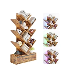Gaomon Tree Bookshelf with Led Lights, 7-Tier Bookcase with Fabric Drawer, Narrow Industrial Floor Standing Storage Rack for Small Spaces