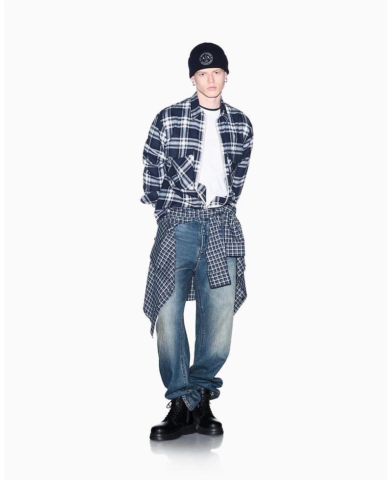 A|X Armani Exchange Men's Crossover Plaid Cotton Shirt with Back Graphic