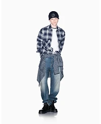 A|X Armani Exchange Men's Crossover Plaid Cotton Shirt with Back Graphic