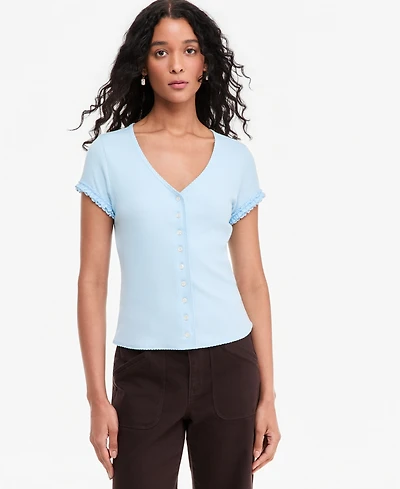 On 34th Women's Ruffle-Trim Button-Front Short-Sleeve Ribbed Top, Macy's Exclusive