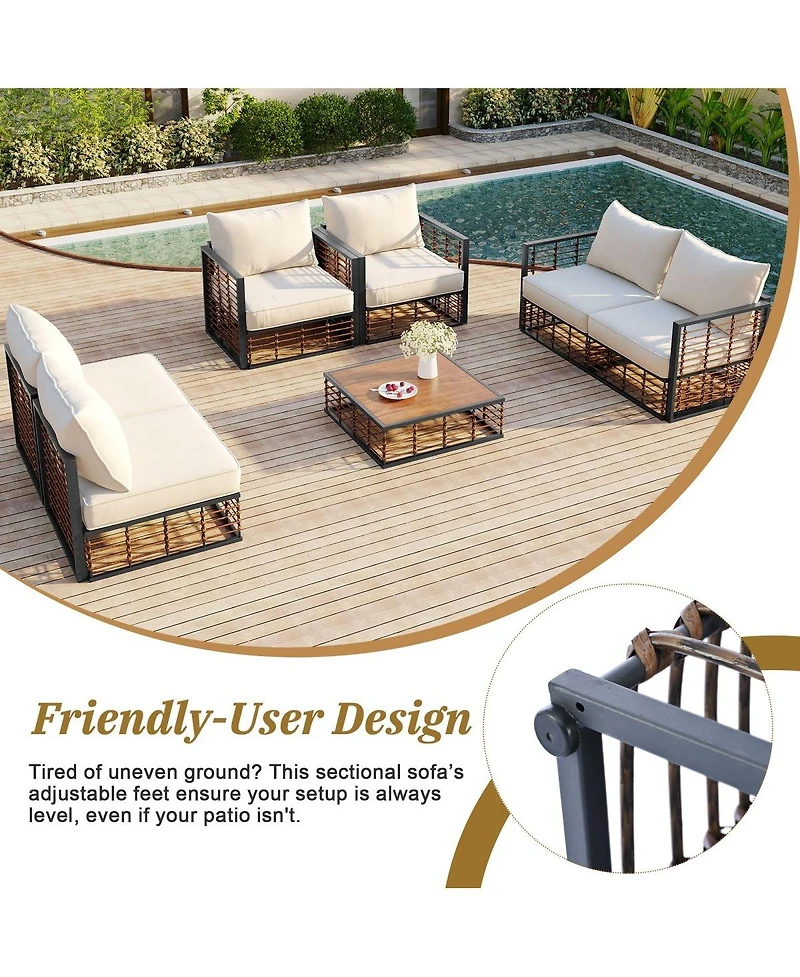 Asagikoiai 7 Piece Metal Patio Sectional Sofa Set with Water Resistant Cushions and Table-Asagikoiai