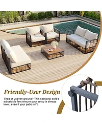 Asagikoiai 7 Piece Metal Patio Sectional Sofa Set with Water Resistant Cushions and Table-Asagikoiai