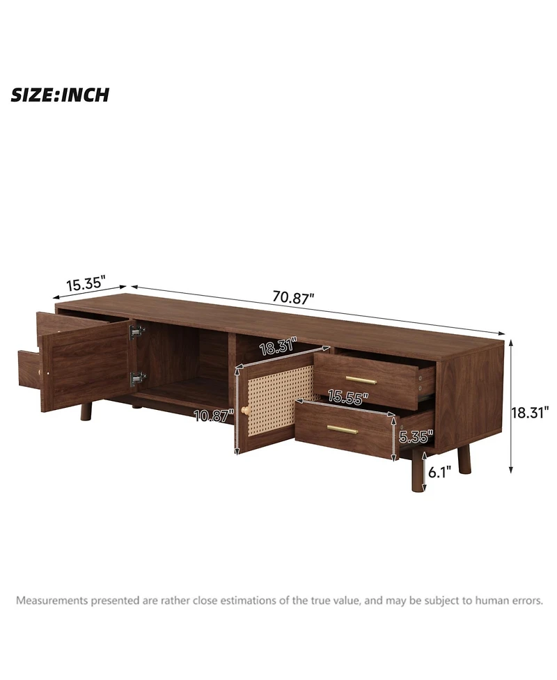 Rainsken 70'' Modern Rattan Tv Stand, for TVs up to 80'', 4 Drawers and Cable Holes, Rattan-inspired Media Console Table, for Living room, Bedroom