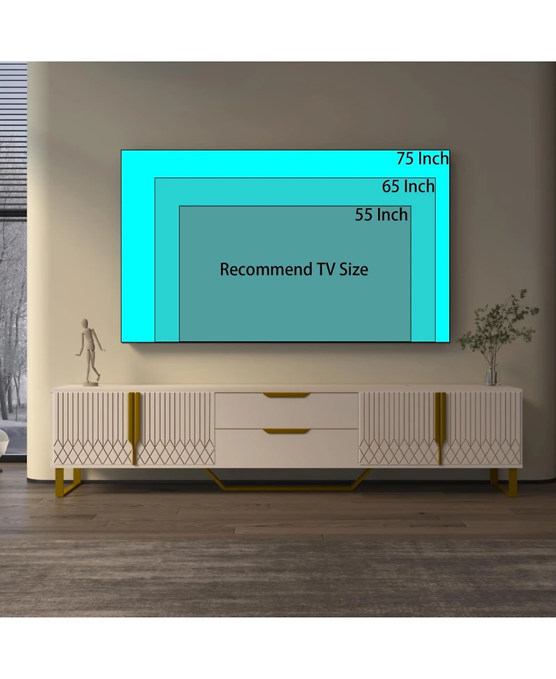 Rainsken Tv Stand, with Two Drawers and Cabinets, Metal Legs, for TVs up to 75inch, Carving Design, Large Storage Space, for Living Room, Bedroom