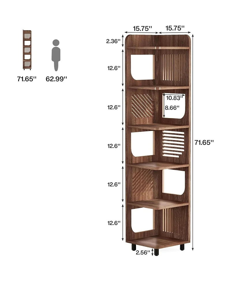 Rainsken Rustic 6-Tier Tall Corner Shelf, Freestanding Book Display Shelf with Hollowed Design and Metal Legs for Living Room, Bedroom, or Office