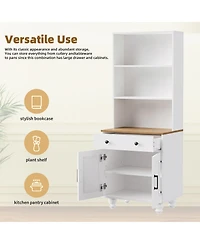Rainsken Floor Standing Bookshelf, Wood Display Bookcase, Modern Storage Cabinet with 4 Wood Gourd-Shaped Legs and Drawer for Living Room, Study Room