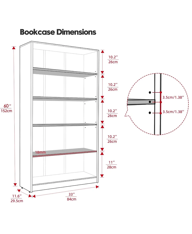 Rainsken 5 Shelf Modern Wood Bookshelf, 60 Inch Tall Display Bookcase with Adjustable Shelf, Book Storage Organizer for Home Office, Study Room