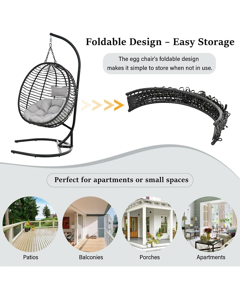Rainsken Hanging Egg Chair with Cushion, Indoor Outdoor, Patio Wicker Hammock Chair, 350lbs Capacity, Metal Frame, for Patio Balcony Backyard