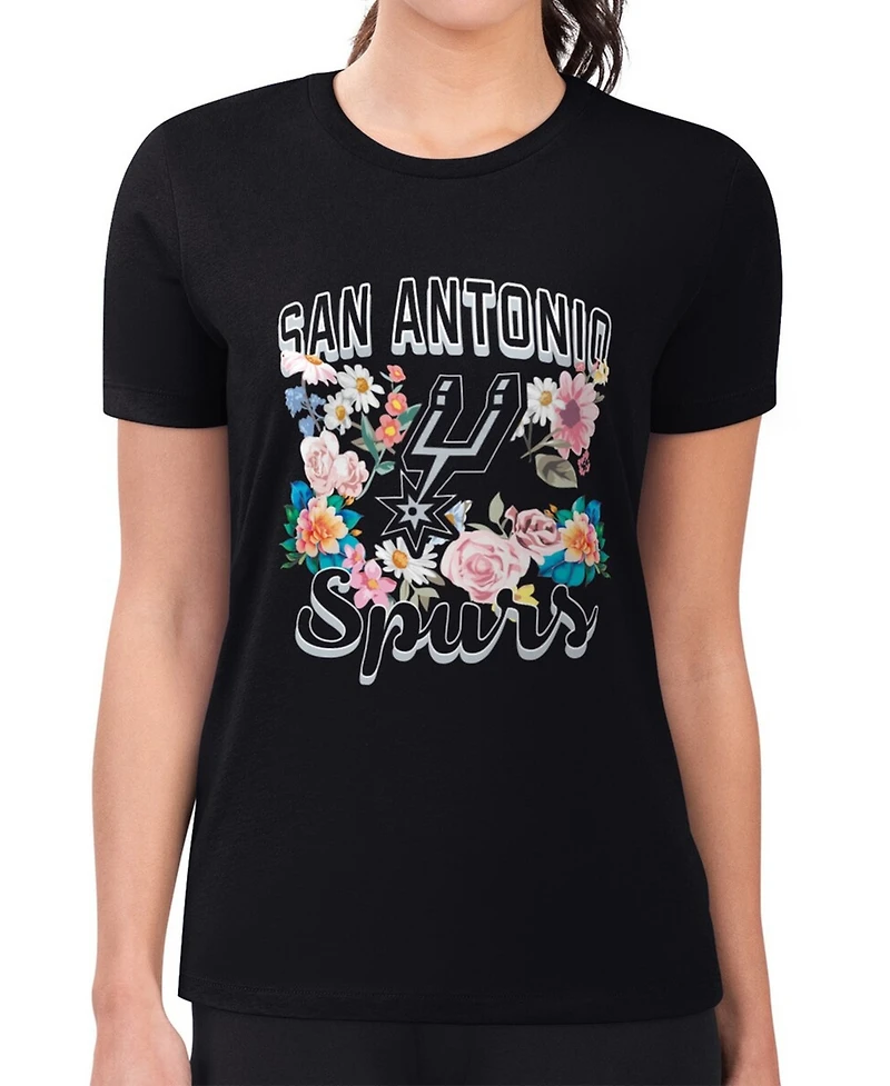 G-iii 4Her by Carl Banks Women's Black San Antonio Spurs Super-Slim Fit Lightweight Flowers Team Logo Graphic T-Shirt