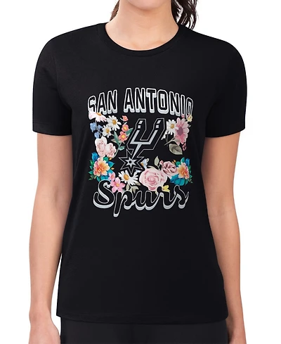 G-iii 4Her by Carl Banks Women's Black San Antonio Spurs Super-Slim Fit Lightweight Flowers Team Logo Graphic T-Shirt