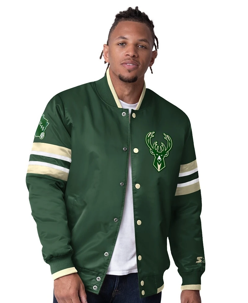 Starter Men's Hunter Green Milwaukee Bucks Scout Varsity Satin Full-Snap Jacket