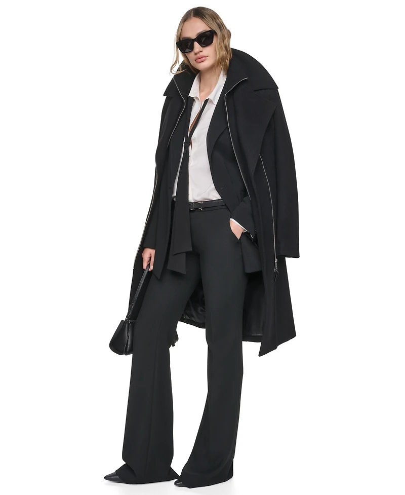 Dkny Women's Faux-Leather Trimmed Assymetrical Wrap Coat