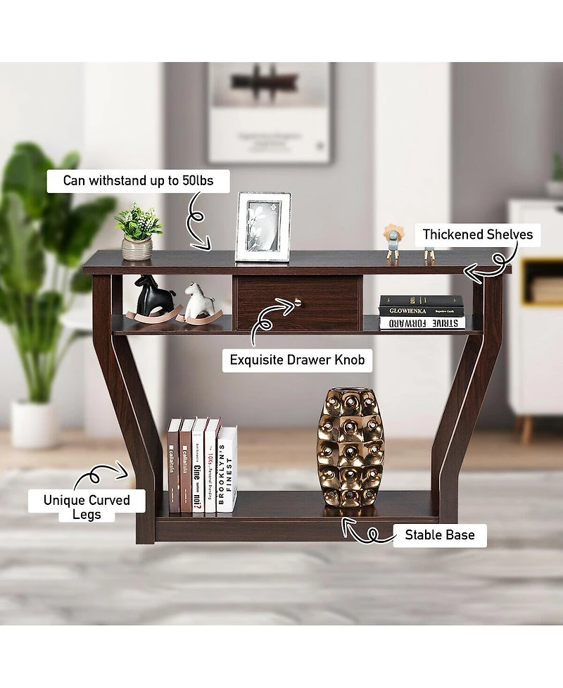 Gouun Slim Sofa Console Accent Table with Drawer and Tiered Shelves
