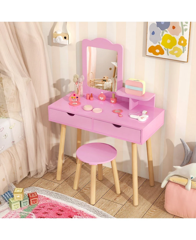 Gouun Kids 2-in-1 Vanity Desk and Stool Set with Detachable Mirror and 2 Drawers