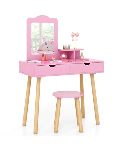 Gouun Kids 2-in-1 Vanity Desk and Stool Set with Detachable Mirror and 2 Drawers