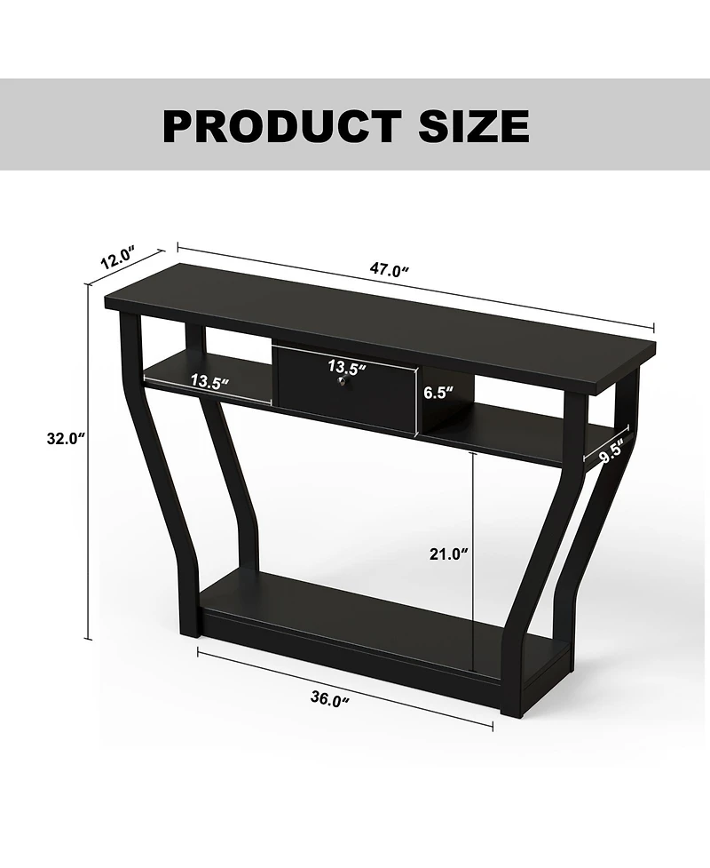 Gouun Curved Frame Modern Console Table with Storage Drawer and Three-Tier Shelf