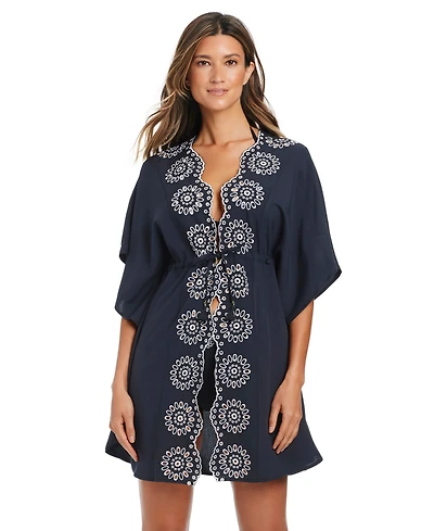 Bleu by Rod Beattie Women's Eyelet Open-Front Swim Cover Up Caftan