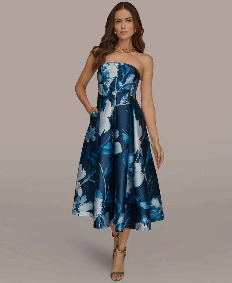 Donna Karan New York Women's Strapless Floral A-Line Midi Dress