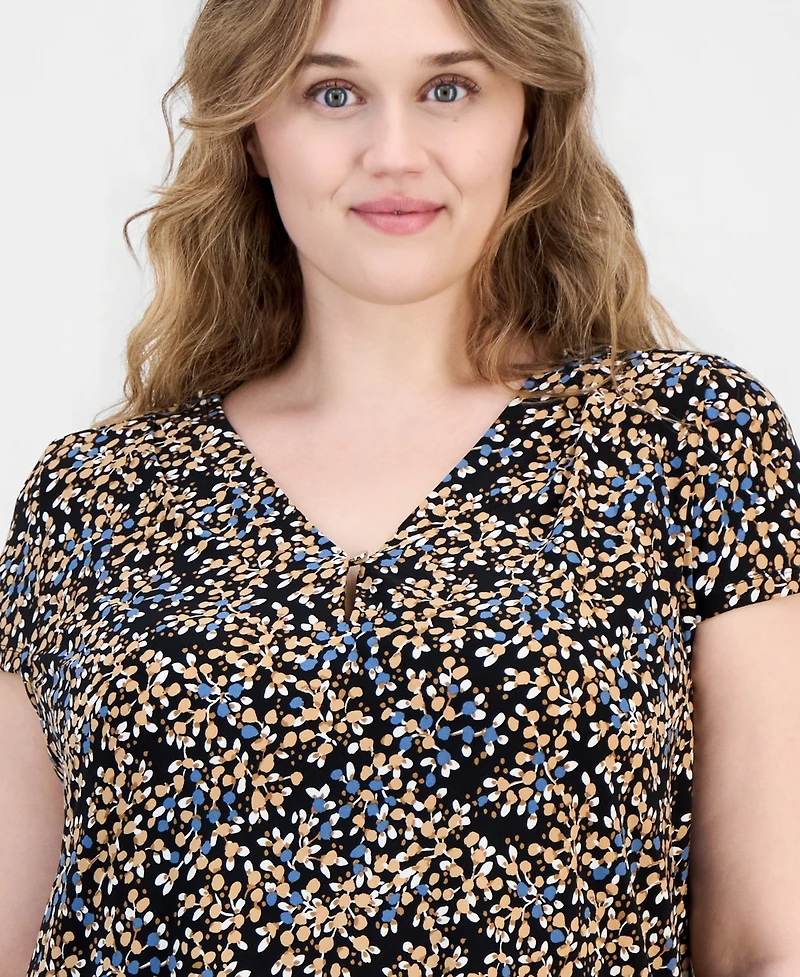 Anne Klein Essentials Plus Size Printed V-Neck Short-Sleeve Top