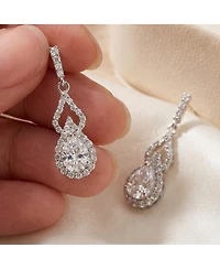 Sterling Silver with Rhodium Plated Clear Pear and Round Cubic Zirconia Halo with Open Pear Drop Earrings