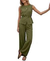 Cupshe Women's Elegant Crew Neck Belted Top and Wide Leg Pants Two-Piece Set