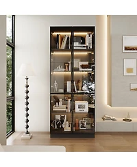 Homsee Modern 4-Door Led Bookcase Aluminum Frame Glass Display Cabinet Living Room Storage