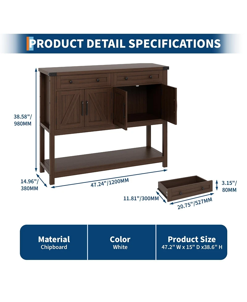 homfan 47 Inch Modern Farmhouse Wooden Console, Sideboard Buffet with 2 Drawers, 4 Barn Doors and Open Shelf for Multi-Room Storage
