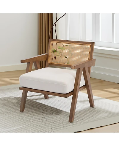 homfan Mid-Century Modern Accent Chair, Rattan Backrest, Suede or Linen Cushion, Wood Frame, Lounge Chair for Living Room