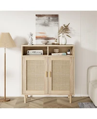 homfan Modern Rattan Buffet Cabinet,4-Door Sideboard with Adjustable Shelf, Multipurpose Storage for Kitchen, Dining, Ideal as Coffee Bar & Tv Stand
