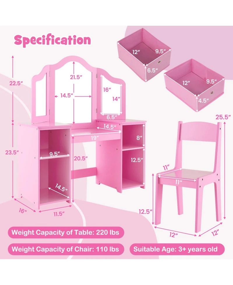 Gouun Kids Vanity Table and Chair Set with 3 Removable Mirrors