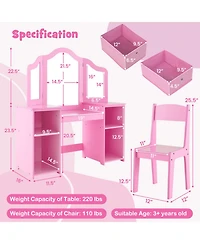 Gouun Kids Vanity Table and Chair Set with 3 Removable Mirrors