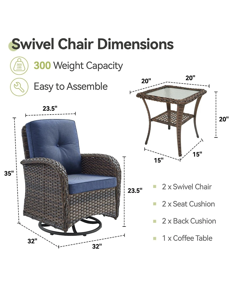 Pocassy 3Pieces Patio Furniture Set, Outdoor Swivel Rocker Chairs, Wicker Bistro Set with Rocking Chair, Thick Cushions and Glass Coffee Table