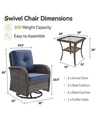 Pocassy 3Pieces Patio Furniture Set, Outdoor Swivel Rocker Chairs, Wicker Bistro Set with Rocking Chair, Thick Cushions and Glass Coffee Table