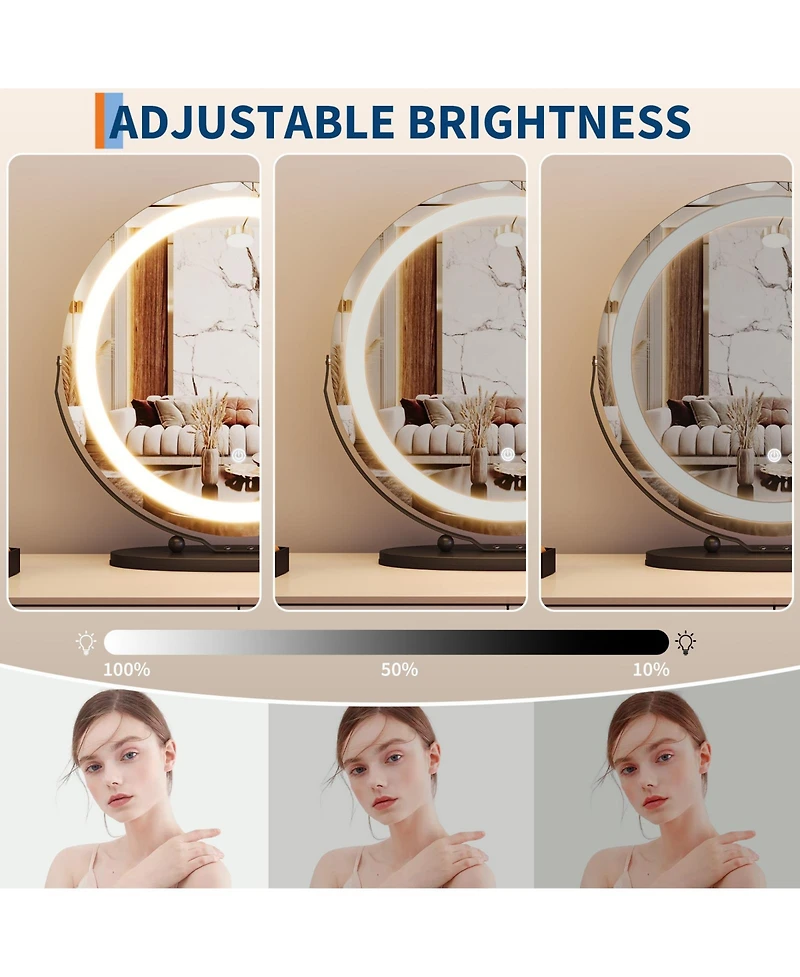 homfan Modern Led Vanity Mirror – 3-Color Dimmable Lighting, Smart Touch Control, Aluminum Alloy Frame, Tabletop
