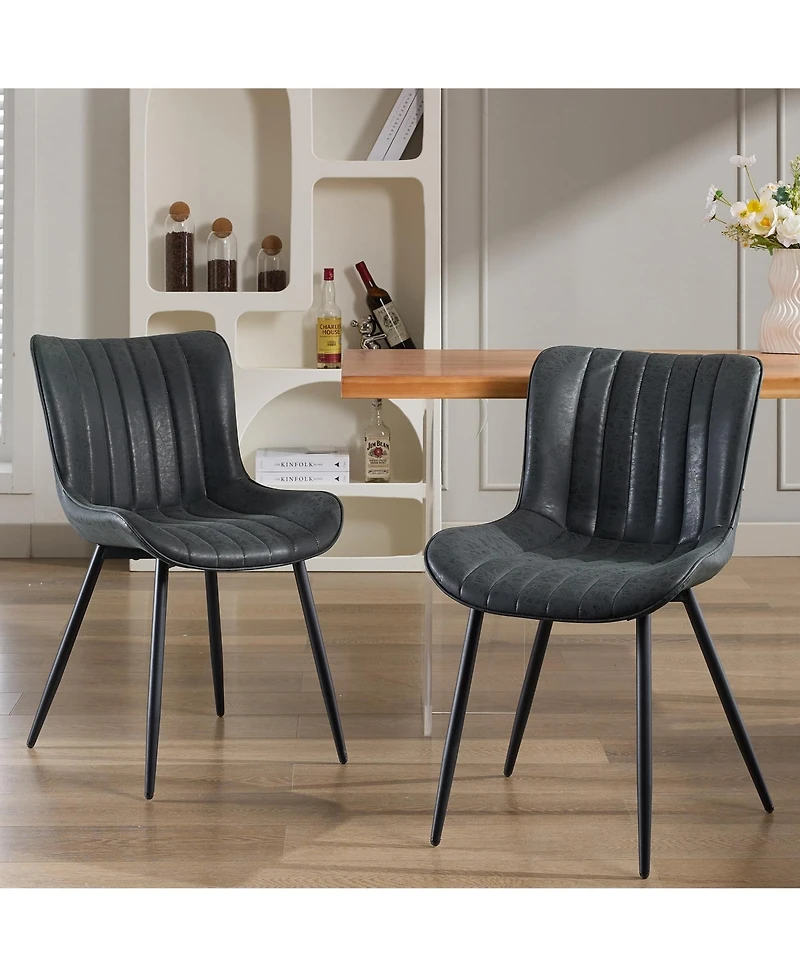 homfan Set of 2 Mid-Century Modern Dining Chairs, Faux Leather Upholstered Seat, Armless, Backrest, Black Metal Legs, for Dining Room