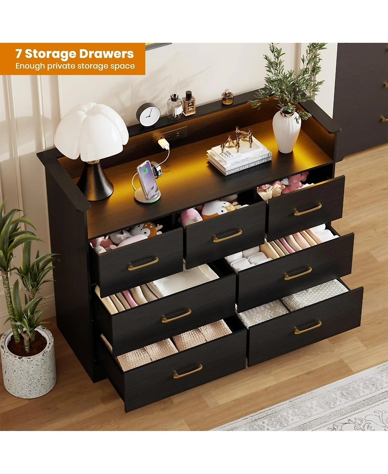 homfan Drawer Dresser with Led Lights and Charging Station - Modern Chest of Drawers for Bedroom, Living Room, Entryway
