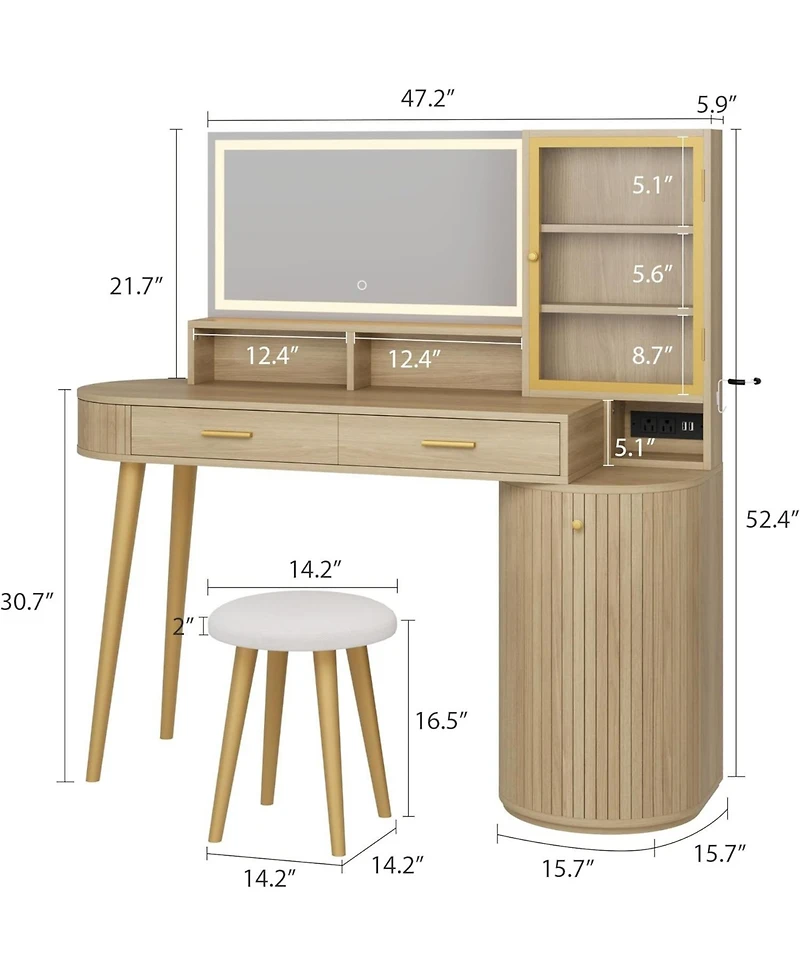 homfan 47.2" Vanity Desk with Lighted Mirror, Charging Station, Drawer, Cabinet and Stool, Makeup Table for Bedroom