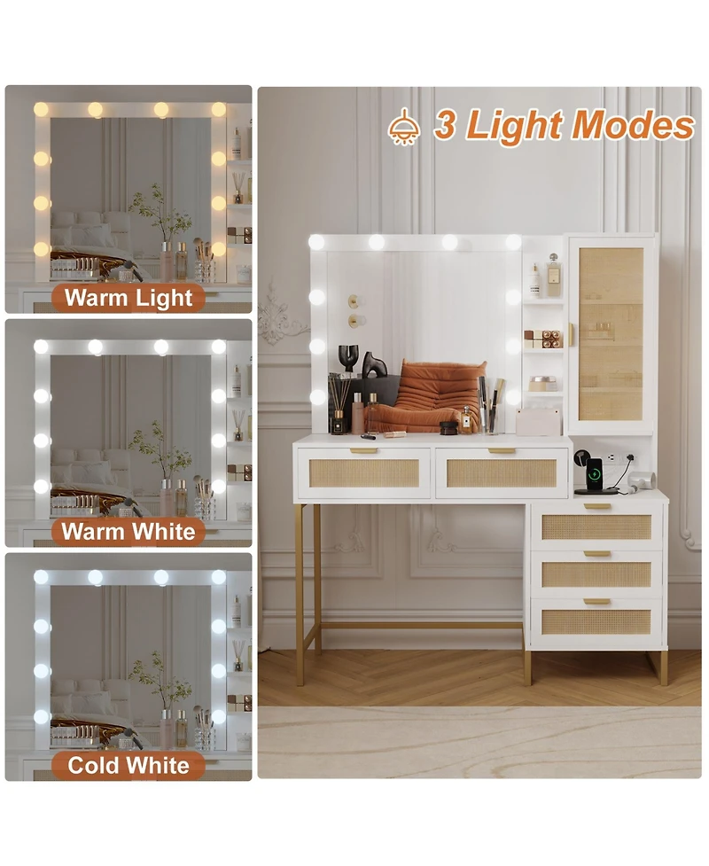 homfan Makeup Vanity Desk with Lights and Mirror, 3 Dimmable Light Modes, 5 Rattan Front Drawers, Hidden Cabinet, Built-in Power Strip, Metal Frame
