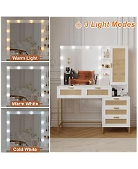 homfan Makeup Vanity Desk with Lights and Mirror, 3 Dimmable Light Modes, 5 Rattan Front Drawers, Hidden Cabinet, Built-in Power Strip, Metal Frame