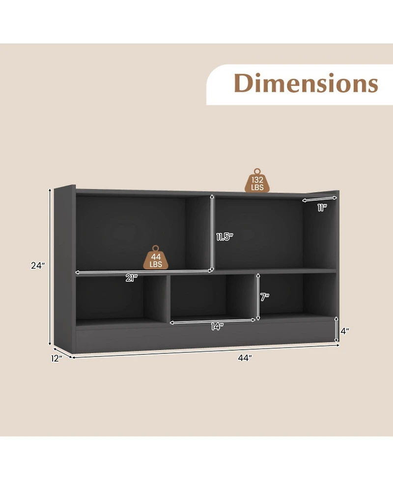 Gouun Kids 2-Shelf Bookcase 5-Cube Wood Toy Storage Cabinet Organizer